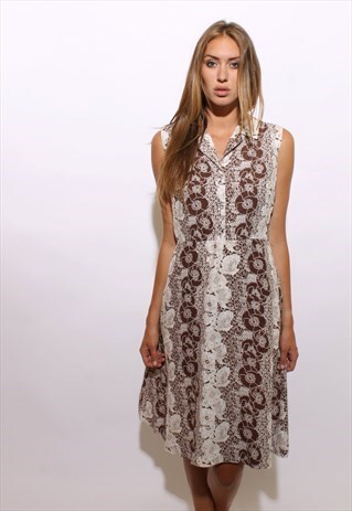 VINTAGE 60S BROWN WHITE FLORAL SHIRT DRESS SLEEVELESS L XL