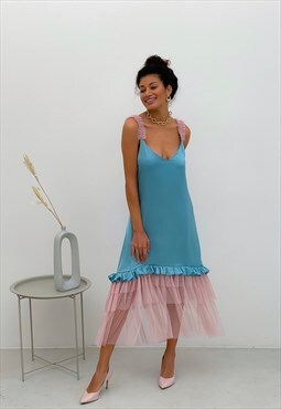 Blue maxi slip dress with pink tulle ruffles