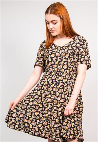 VINTAGE 90'S BLACK FLORAL PATTERN SHORT SLEEVE MINI DRESS
