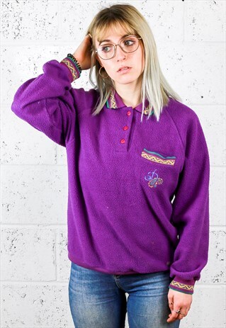BUTTON NECK FLEECE WITH PATTERNED DETAIL