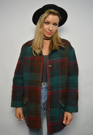VINTAGE 90S RED & GREEN CHECKED WOOL WINTER COAT BOYFRIEND