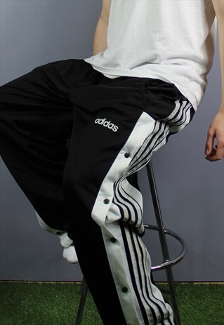 VINTAGE ADIDAS POPPER JOGGERS IN BLACK WITH MATERIAL PRINT L