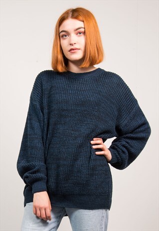 VINTAGE 90'S DARK BLUE FISHERMAN KNIT JUMPER