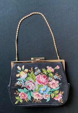 50's/60's Ladies Vintage Black Tapestry Evening Bag Gold