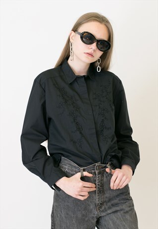 VINTAGE BLACK FLORAL PATTERNED LONG SLEEVE RETRO SHIRT