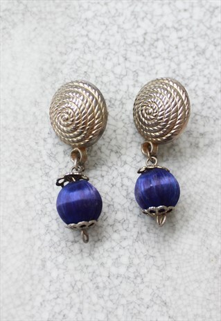 VINTAGE GOLD EARRINGS BOHO STYLE BLUE TINSEL