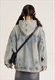 HOODED DENIM JACKET GRUNGE BLEACHED JEAN JACKET IN BLUE 