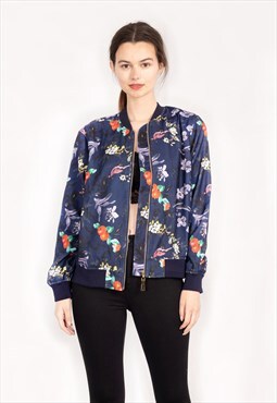 Floral Print Bomber Jacket in navy blue