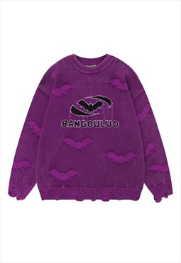 Bat print sweater knitted Gothic jumper skater top in purple
