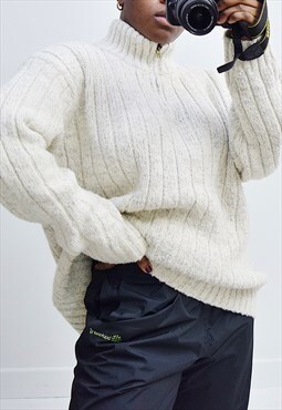 Vintage quarter zip sweater knitted jumper in cream