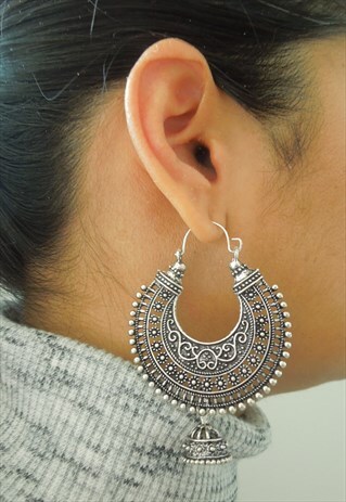SILVER ANTIQUE LOOK INDIAN HOOP EARRINGS
