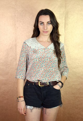 90S VINTAGE FLORAL PETER PAN LACE COLLAR TUNIC TOP