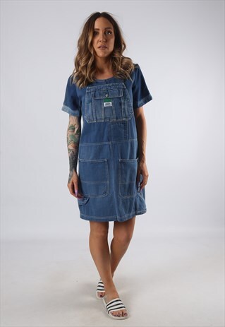 VINTAGE DENIM DRESS BICH REWORKED DUNGAREES UK 8 - 10 (GDDE)