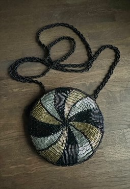 80's Vintage Beaded Gold Silver Black Mini Cross Body Bag