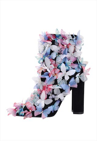 BUTTERFLY POINTED TOE CHUNKY HEEL ANKLE BOOTS