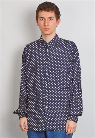 VINTAGE 90'S BIG MATCH NAVY & WHITE POLKADOT SHIRT