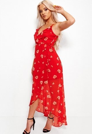 TANYA RED CHIFFON FLORAL MAXI DRESS