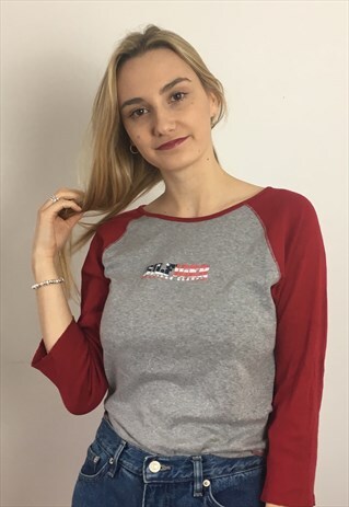 RARE VINTAGE TOMMY HILFIGER LONG SLEEVE T SHIRT TOP GREY RED