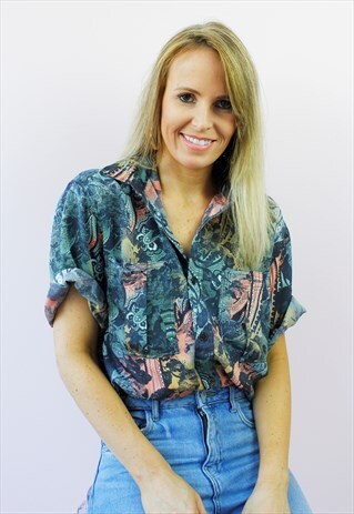 VINTAGE 80'S RETRO GREEN ABSTRACT PRINT SHIRT BLOUSE