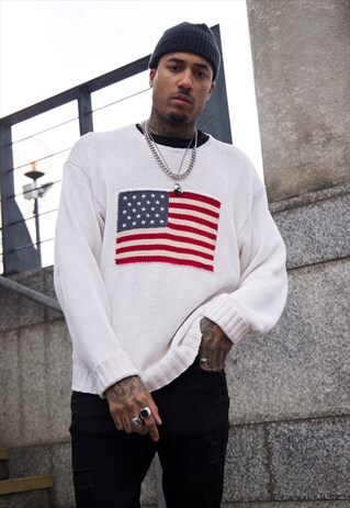 POLO RALPH LAUREN VINTAGE USA FLAG KNITTED WHITE JUMPER