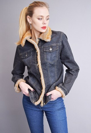 90'S RETRO DENIM & FAUX FUR MOM'S SHEARLING SHERPA JACKET