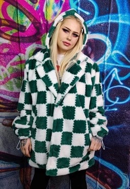 Check fleece jacket handmade 2 in 1 fluffy chess coat green