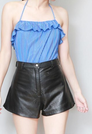 VINTAGE 1990'S BLUE STRIPE HALTER NECK RUFFLE BODY