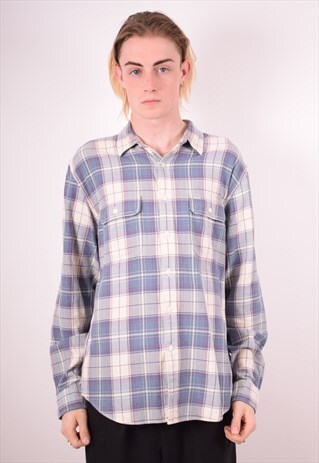 J. CREW MENS VINTAGE FLANNEL SHIRT LARGE BLUE CHECK 90S