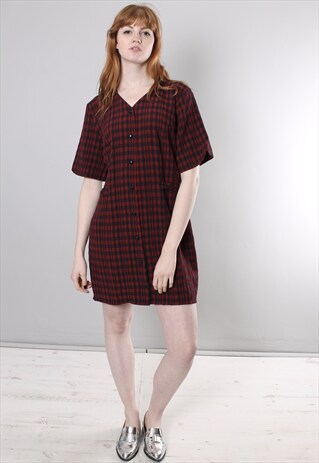 VINTAGE 90S MAROON GINGHAM CHECK BUTTON DRESS