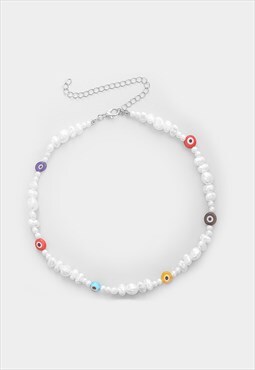 54 Floral Eye Bead Pearl Necklace Chain - Multicolour/White 