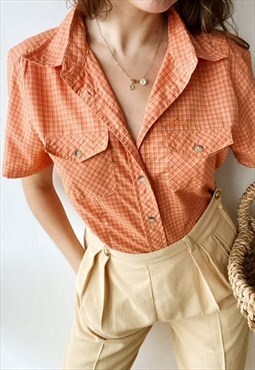 Vintage 90s Prairie Gingham checked Orange blouse shirt top