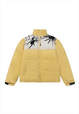 Spider web bomber winter puffer jacket punk coat in yellow 