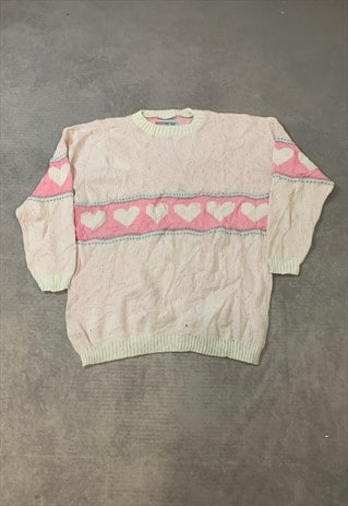 VINTAGE KNITTED JUMPER CUTE HEART PATTERNED KNIT SWEATER