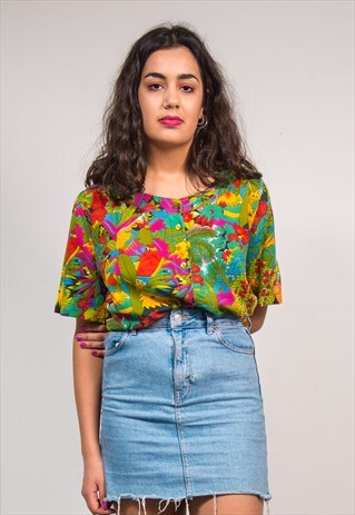 90'S VINTAGE BRIGHT FLORAL BIRD PATTERN BLOUSE SHIRT