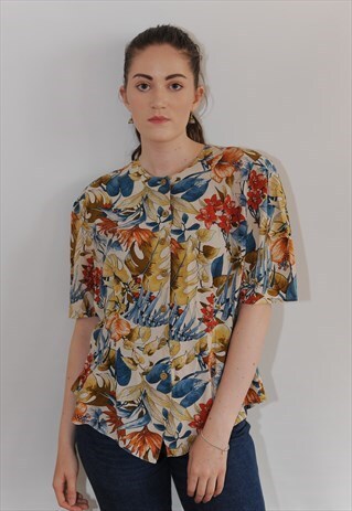 WOMENS VINTAGE FLORAL COLOURFUL SHORT SLEEVE BLOUSE TOP