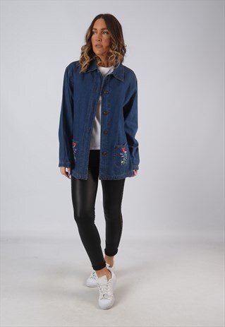DENIM JACKET EMBROIDERED OVERSIZED LONG LONGLINE UK 12 (CW3X
