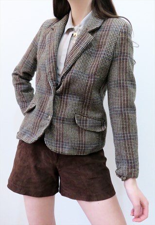 VINTAGE 80S BROWN & BURGUNDY CHECK BLAZER JACKET