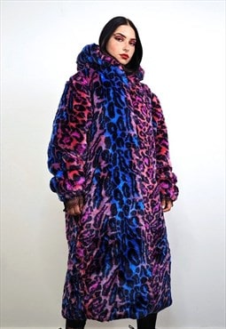 Leopard faux fur coat blue neon animal print festival jacket