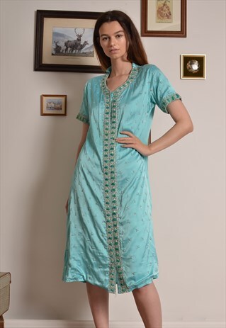 VINTAGE 80S SATIN MIDI DRESS IN TURQUOISE