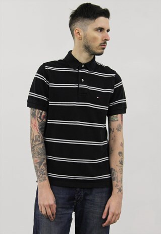 VINTAGE 1990S BLACK STRIPED TOMMY HILFIGER POLO SHIRT
