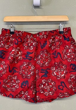 Vintage Summer Shorts Red With Patterns And Elastic Waist