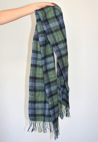 VINTAGE 90S GREEN BLUE & BLACK WOOL CHECK SCARF