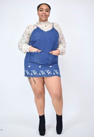 VINTAGE 90'S DENIM STRAPPY DRESS WITH BUTTERFLY EMBROIDERY