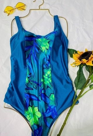 Vintage 80s Blue Floral Print Swimsuit