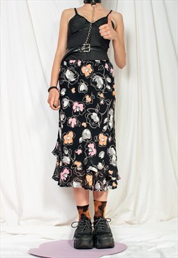 Vintage Skirt Y2K Sheer Fairy Midi in Black Flower Print