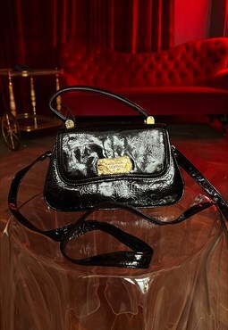Black Patent Leather Crossbody bag, Top Handle Evening bag