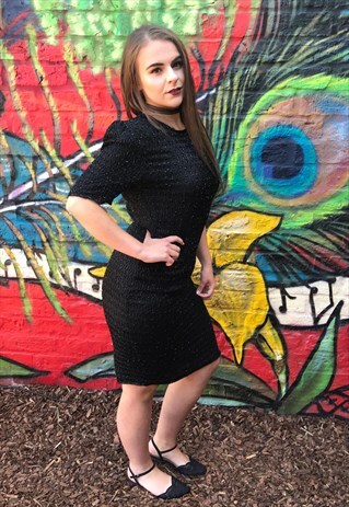 VINTAGE 1980S BLACK BEADED PENCIL DRESS - SIZE 10