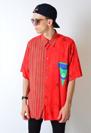 VINTAGE 90S RED STRIPED AND SPECKLED SHORT SLEEVE SHIRT