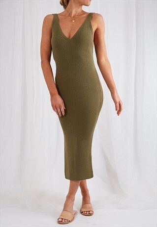 LARA RIBBED KNIT MIDI DRESS - KHAKI