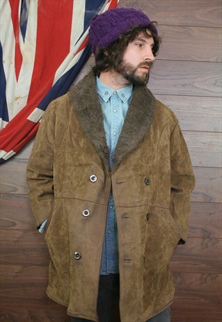 VINTAGE SUEDE,SHEEPSKIN SHEARLING BORG LINED COAT ,LARGE